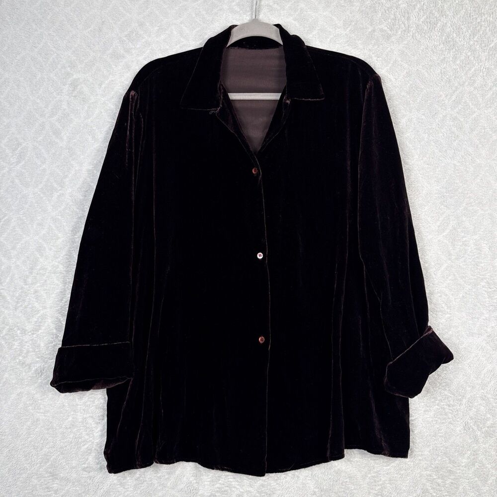 Vtg Harriet Selwyn Silk Velvet Top 1X/2X Brown Button Up Whimsigoth 80s 90s
